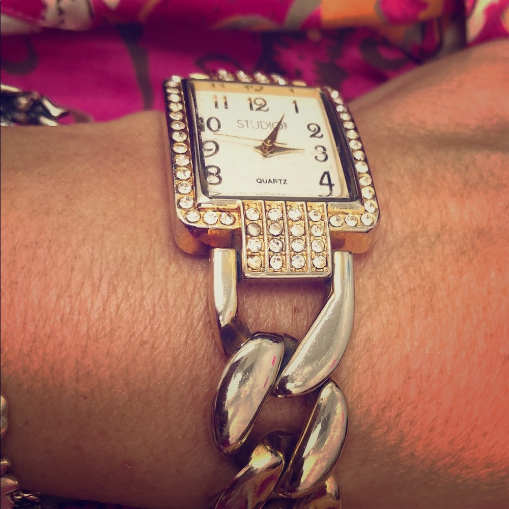 Curb Chain Bracelet Watch Rhinestones Working